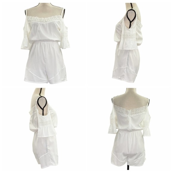 FURTADO Solid White Lace Trim Cold Shoulder Short Sleeve Mini Romper Size Small - Picture 5 of 16